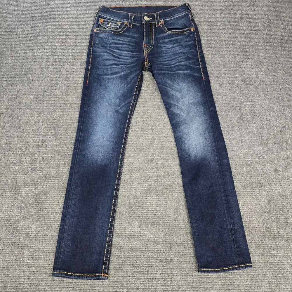 True Religion Jeans Mens 32x33 Slim Flap Big T Dark Wash Red Stitch Denim